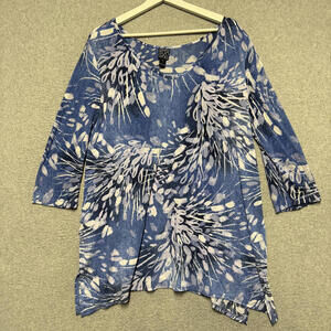 Clara Sun Woo Women's Size Large Blue Floral 3/4 Sleeve Pop Over Top Blouse USA